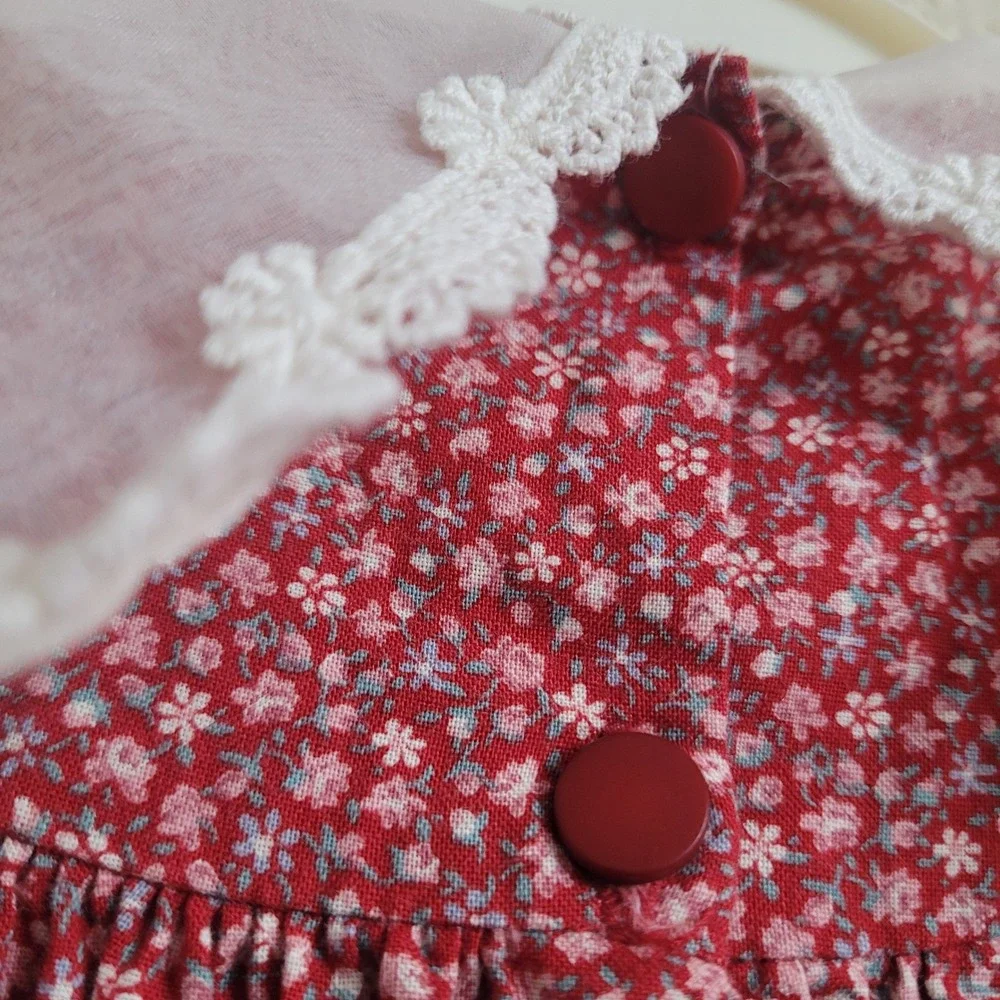 Vintage Sarah Kent 4T Red Floral Puff Sleeve Dress Lace Collared Bow Cottagecore